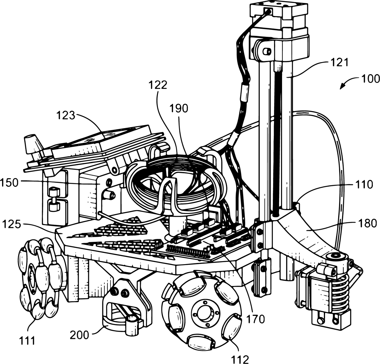 Patent drawing of a mobile 3D printer with omnidirectional wheels