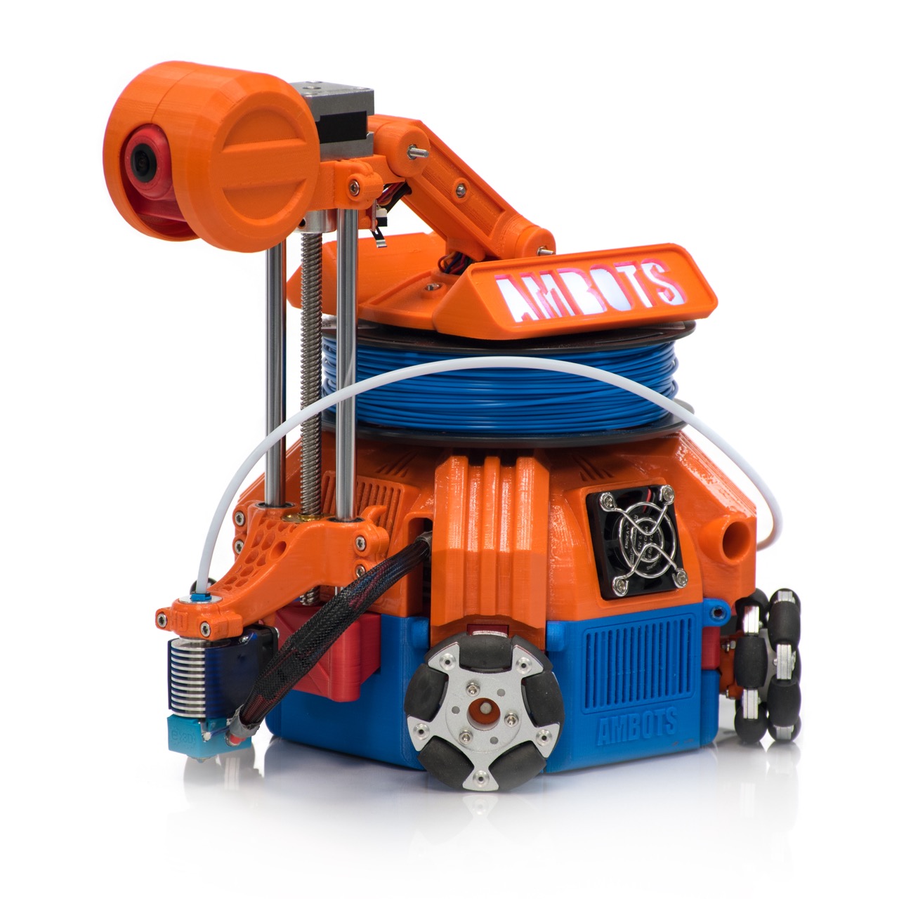 Orange and blue mobile 3D printer prototype toolhead view