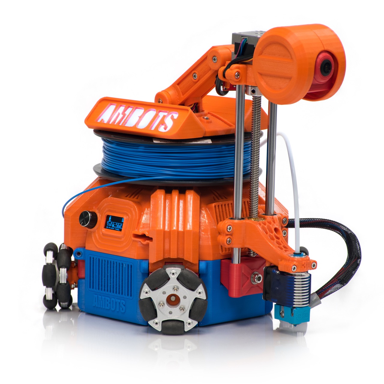 Orange and blue mobile 3D printer prototype front angle view
