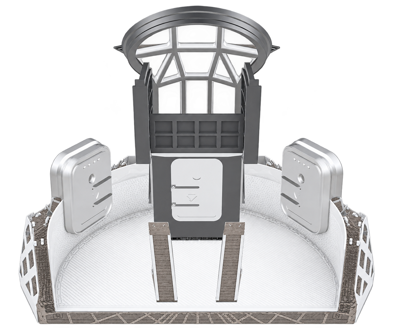Habitat cutaway showing printed HDPE and Martian concrete with modular doors and windows